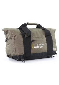 Duffel bag in olive green fabric with black accents. Features sturdy straps, a zip pocket, and printed text: "THIS BAG HAS PURPOSE."