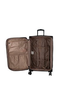 Maleta negra con carcasa dura, doble cremallera y asa extensible. Interior forrado en tela marrón con bolsillos y correas de sujeción. Cuatro ruedas.