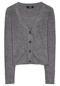 Grå stickad kofta med V-hals och knäppning. Har ribbat mönster och långa ärmar. Bruna knappar ger detalj.