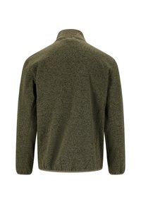 Olivgrön jacka med texturerad yta, ståkrage och elastiska ärmslut. Enkel design, inga synliga knappar eller mönster.