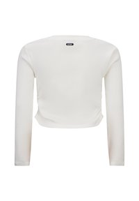 Weißes langärmliges Crop-Top aus Rippstoff. Verfügt über einen runden Halsausschnitt und ein Logotag auf der Rückseite. Texturierte Oberfläche mit enganliegendem Schnitt.