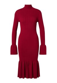 Κόκκινο ριμπ πλεκτό φόρεμα με ψηλό λαιμό χωρίς γιακά, μακριά μανίκια με καμπανούς μανσέτες και καμπυλωτή γραμμή στο τελείωμα.