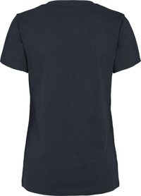 Temno mornarsko modra bombažna majica s kratkimi rokavi, okroglim izrezom in ravnim krojem. Gladka tekstura, brez vidnih vzorcev ali poudarkov.
