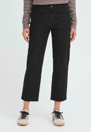 Sorte denimjeans med rett ben-design, som har knappelukking, beltehemper og frontlommer. Stoffet har en glatt tekstur.