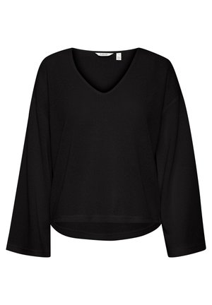 Sort løs-top med V-hals, lange ærmer og cropped kant. Fremstillet af struktureret stof med et enkelt, rent design.