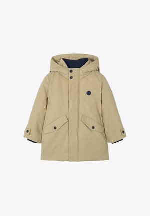 Parka beige per bambini con cappuccio, due tasche frontali con patta e bottoni a pressione neri, con fodera interna nera.
