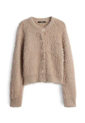 Cardigan beige peloso con scollatura rotonda, maniche lunghe e cinque bottoni sul davanti. Texture morbida e design corto.