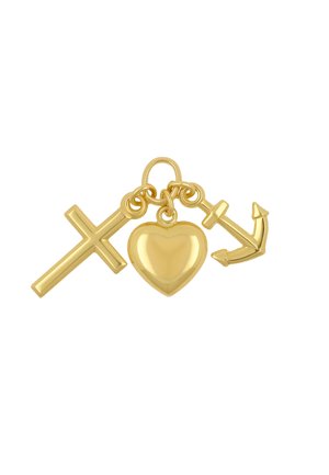 Goldanhänger mit Anhängern in Form eines Kreuzes, Herzens und Ankers, alle mit einer glänzenden, glatten Oberfläche und abgerundeten Kanten.