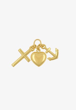 Ciondolo in oro con ciondoli a forma di croce, cuore e ancora, tutti con superficie lucida, liscia e bordi arrotondati.