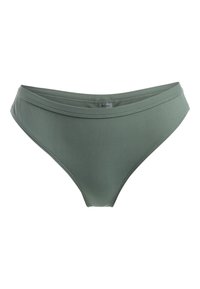 Grön ribbade bikiniunderdel med hög midja och elastisk midjeband, med en slät yta och en logotypetikett på baksidan.