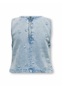 Haut sans manches en denim avec un dos zippé, de couleur bleu clair, et des motifs de feuilles brodés sur l'ensemble. Tissu texturé avec une coupe décontractée.