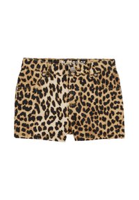 Traperice s leopard uzorkom u svijetlosmeđoj boji s crnim mrljama. Imaju dvije prednje džepove i zatvaranje na dugme. Vidljiva oznaka marke.