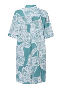 Kurzärmliges Hemdkleid in hellem Türkis mit weißem Blattmuster. Verfügt über einen Kragen und eine lockere Passform, aus leichtem Stoff gefertigt.
