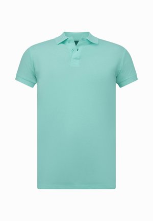 Licht turquoise korte mouwen polo met een twee-knops sluiting en geribde mouwboorden, weergegeven op een effen witte achtergrond.
