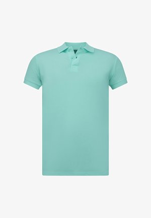 Licht turquoise korte mouwen polo met een twee-knops sluiting en geribde mouwboorden, weergegeven op een effen witte achtergrond.