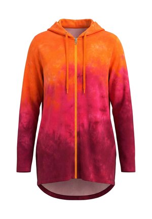 Langærmet lynlås-hættetrøje med orange top, der falmer til pink og mørkerød bund, med snørehætte og buet kant.