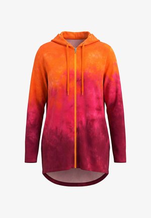 Langærmet lynlås-hættetrøje med orange top, der falmer til pink og mørkerød bund, med snørehætte og buet kant.