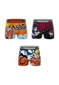 Trois paires de boxers pour hommes avec des designs d'anime colorés. Le matériau est en tissu doux ; les couleurs incluent l'orange, le noir et le bleu avec des motifs.