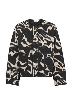 Veste matelassée noire avec un motif abstrait crème, col rond, fermeture à boutons sur le devant et deux poches à l'avant.