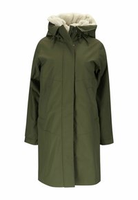 Parka imperméable vert olive avec capuche doublée de fausse fourrure, fermeture éclair complète et boutons-pression, dotée de deux poches avant et de manches longues.