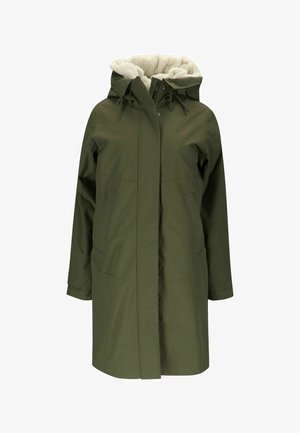 Olive green waterproof parka with a faux fur-lined hood, full zip and snap-button closure, featuring two front pockets and long sleeves.