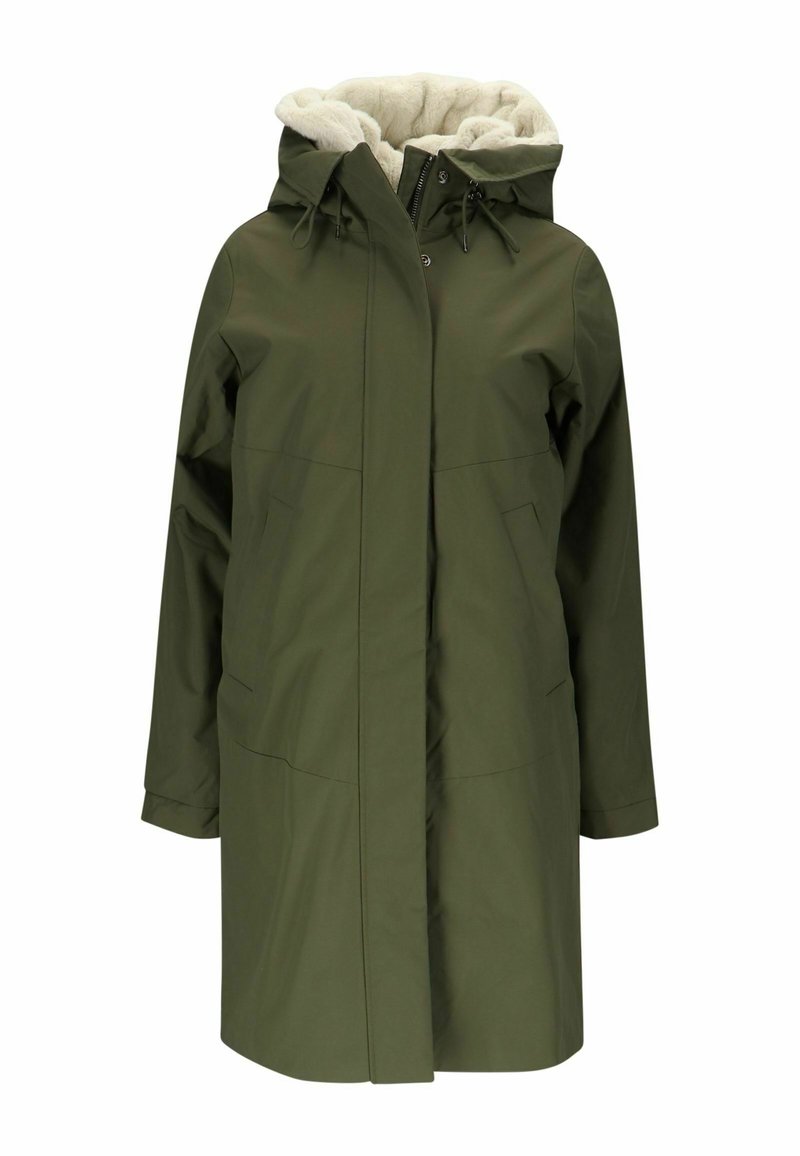 Parka imperméable vert olive avec capuche doublée de fausse fourrure, fermeture éclair complète et boutons-pression, dotée de deux poches avant et de manches longues.