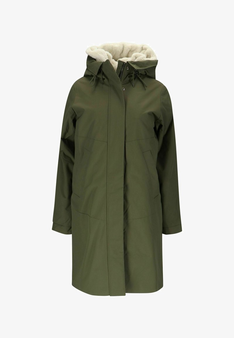 Parka imperméable vert olive avec capuche doublée de fausse fourrure, fermeture éclair complète et boutons-pression, dotée de deux poches avant et de manches longues.