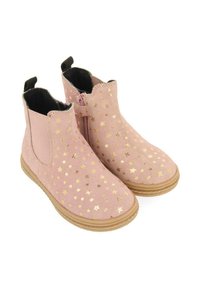 Stivali ankle in suede rosa con motivi a stella dorati, pannelli elastici ai lati, linguetta sul retro e suola in gomma marrone testurizzata.