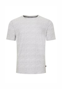Szara koszulka krótki rękaw, wykonana z miękkiej tkaniny, z okrągłym dekoltem i subtelnym melanżowym wzorem. Metka na lewym boku.