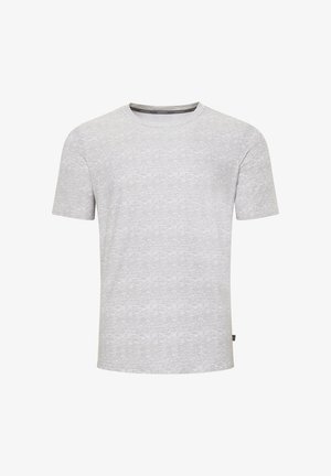 Grijze korte-sleeve t-shirt van zacht materiaal met een ronde hals en een subtiele gemêleerde patroon. Etiket aan de linker zijnaad.