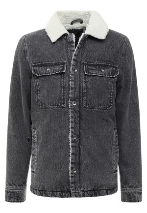 Black denim jacket with white sherpa collar, front button closure, two chest flap pockets, and side pockets.