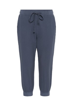 Pantaloni jogger din in de culoare albastru marin, cu talie elastică, șiret ajustabil și manșete evazate. Textură fină cu un croi lejer.