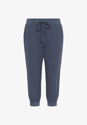 Navy blue linen jogger pants with an elastic waistband, adjustable drawstring, and tapered cuffs. Smooth texture with a casual fit.