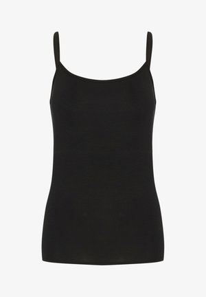 Top camicia nera con spalline sottili, realizzato in tessuto morbido. Presenta una forma aderente e una texture liscia, senza motivi o decorazioni.