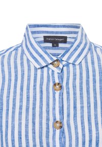 Blue and white striped linen shirt; features a classic collar, three brown buttons, and a soft texture. Label shows brand and size.