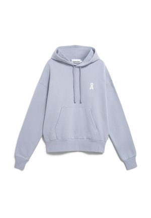 Light blue hoodie in soft fabric with a front pocket, drawstring hood, and a white logo accent on the left chest. Cropped design.