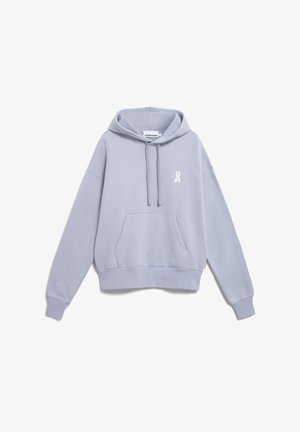 Light blue hoodie in soft fabric with a front pocket, drawstring hood, and a white logo accent on the left chest. Cropped design.