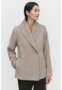 Beige wool blend coat with a shawl collar, single button closure, side pockets, and a straight fit design. Smooth texture.