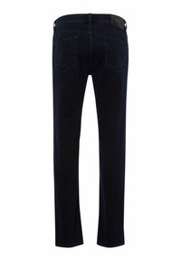 Dark blue denim jeans with a straight cut, featuring two back pockets, belt loops, and subtle stitching details.