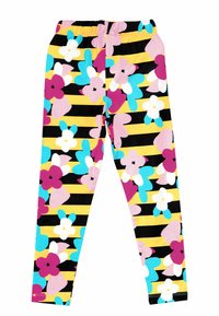 Leggings colorate con un motivo a strisce nere e gialle, caratterizzati da grandi forme floreali in rosa, blu e bianco. Vita elastica.