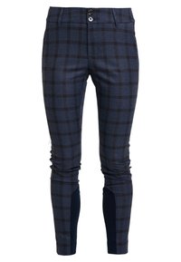 Marinblå rutiga byxor med svarta accenter, som har en smal passform, knappstängning och textil med kontrasterande sidopaneler.