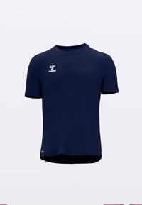 Marineblauw atletisch shirt met korte mouwen, gemaakt van gladde stof met een ronde hals en een logo op de linkerbovenborst.