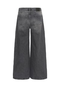 Black wide-leg denim jeans viewed from the back, featuring two rear pockets and a black waistband label.