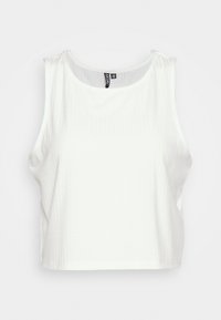 Bílý, žebrovaný, bezrukávový crop top s kulatým výstřihem a rovým lemem. Vyrobeno z hladké, lehké látky. Štítek viditelný na výstřihu.
