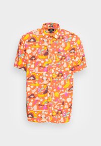 Kortærmet skjorte med knaplukning i orange stof med et legende print, der viser bananer, blomster og tegneseriefigurer i forskellige farver.