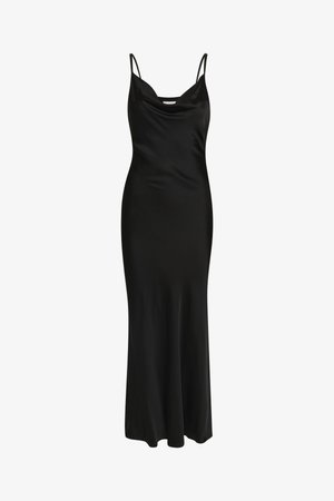 Juodas ilgas suknelė, pagaminta iš glotnaus audinio, su plonais spaghetti dirželiais, su apykakle ir ilgai siekiančiu, prigludusiu siluetu.
