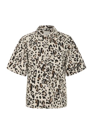 Chemise à manches courtes beige avec un imprimé léopard noir et marron, dotée d'un col et d'une poche poitrine. Tissu léger.