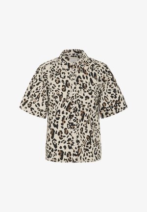 Short-sleeve shirt in beige with black and brown leopard print, featuring a collared neckline and one chest pocket. Lightweight fabric.