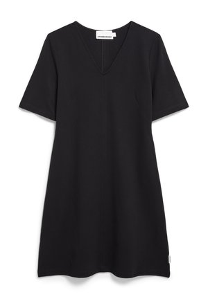Schwarzes kurzärmliges Kleid mit V-Ausschnitt, aus glattem Stoff gefertigt. Verfügt über minimalistische Nähte und einen leicht ausgestellten Saum.