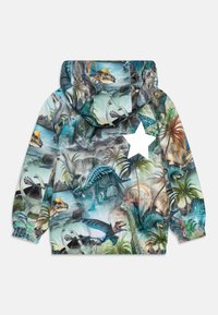 Hooded jacket featuring a dinosaur pattern in various colors, with a white star accent on the back. Lightweight, glossy fabric, elastic cuffs.